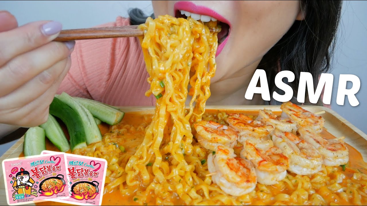ASMR CHEESY CARBONARA FIRE NOODLE With Garlic Shrimp *NO Talking  Eating Sounds| N.E Let's Eat