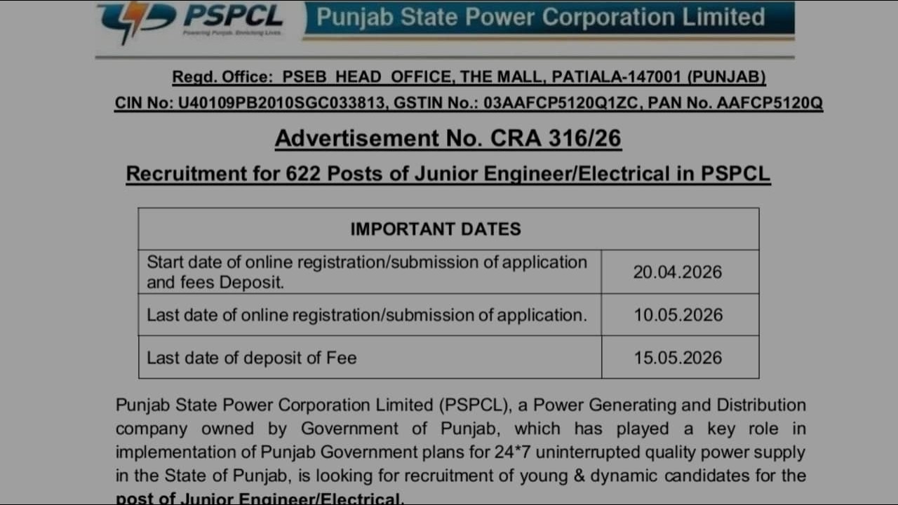 PSPCL JE Electrical 622 New Vacancy Out | CRA 316/26