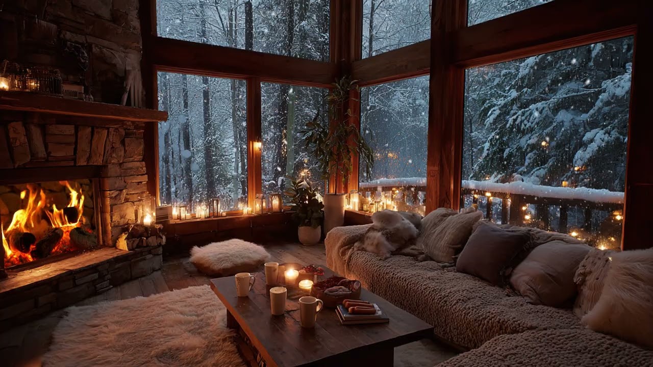 Peaceful Winter Cabin Night with Gentle Snowfall and Warm Fireplace Ambience for Calm, Restful Sleep