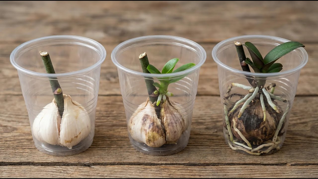 Just garlic! Orchid cuttings suddenly take root and sprout overnight.