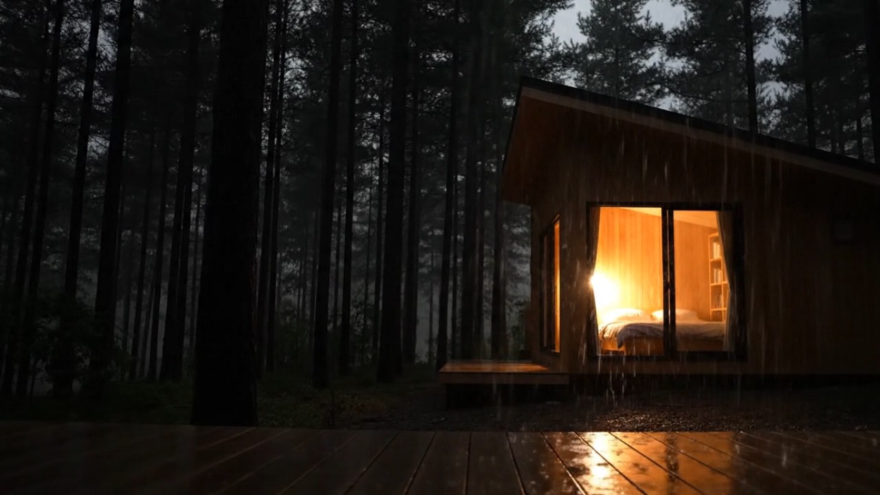 Heavy Rain on Window & Wooden Deck 🌧️ Dark Forest Cabin for Deep Sleep & Focus