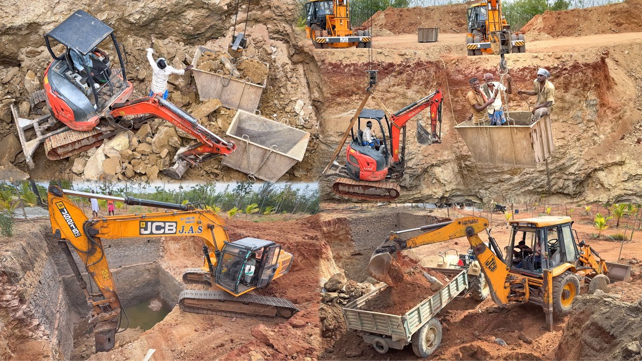 JCB 215 and 30 Excavator with Crane Digging inside Well pouring out rock JCB 3DX Loading in Tractor