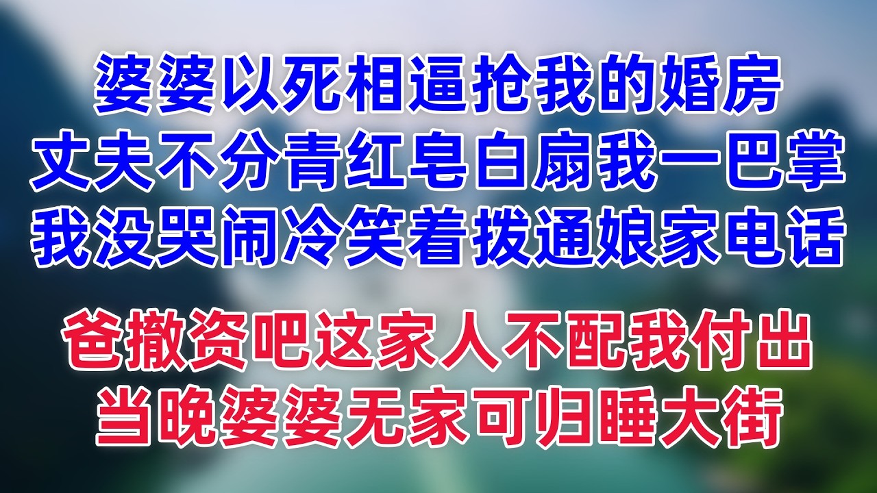 婆婆以死相逼抢我的婚房，丈夫不分青红皂白扇我一巴掌：“快签字！” 我没哭闹，冷笑着拨通娘家电话：“爸，撤资吧，这家人不配我付出！” 当晚婆婆全家就无家可归睡大街，崩溃嘶吼！ #小说推荐 #一口气看完