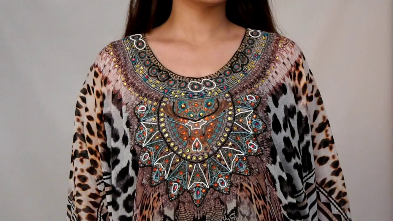 Funky Long Cheetah Print Long Stylish Silk Kaftan with Classic Embellishments