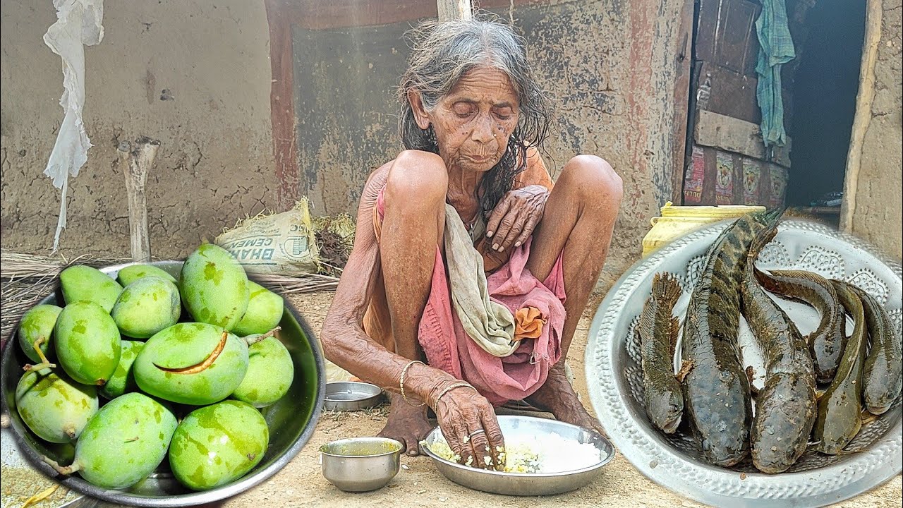 90 year old widow grandma cooking SHOL FISH with Mango & eating with rice|grandma village kitchen