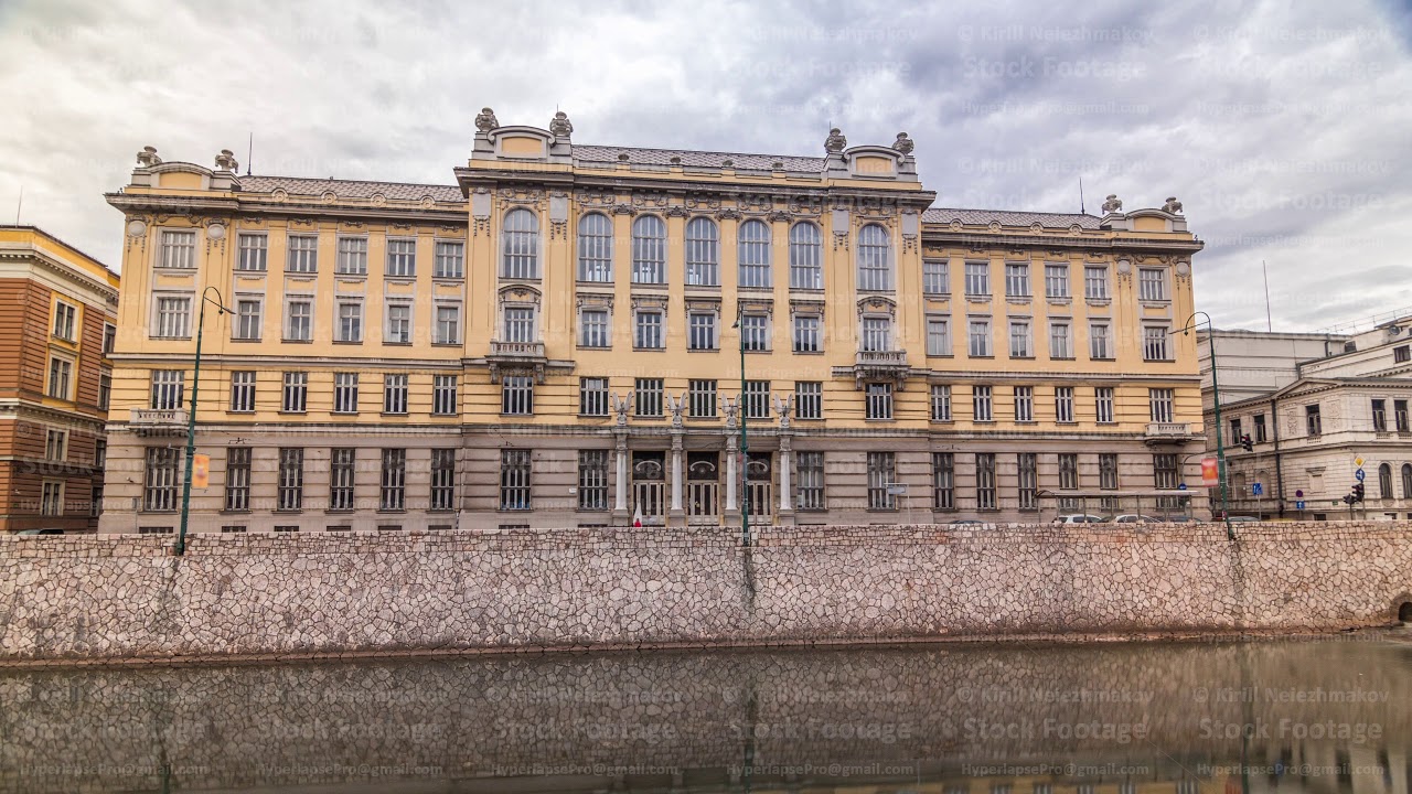 Miljacka river and post office in Sarajevo the capital city of Bosnia and Herzegovina timelapse