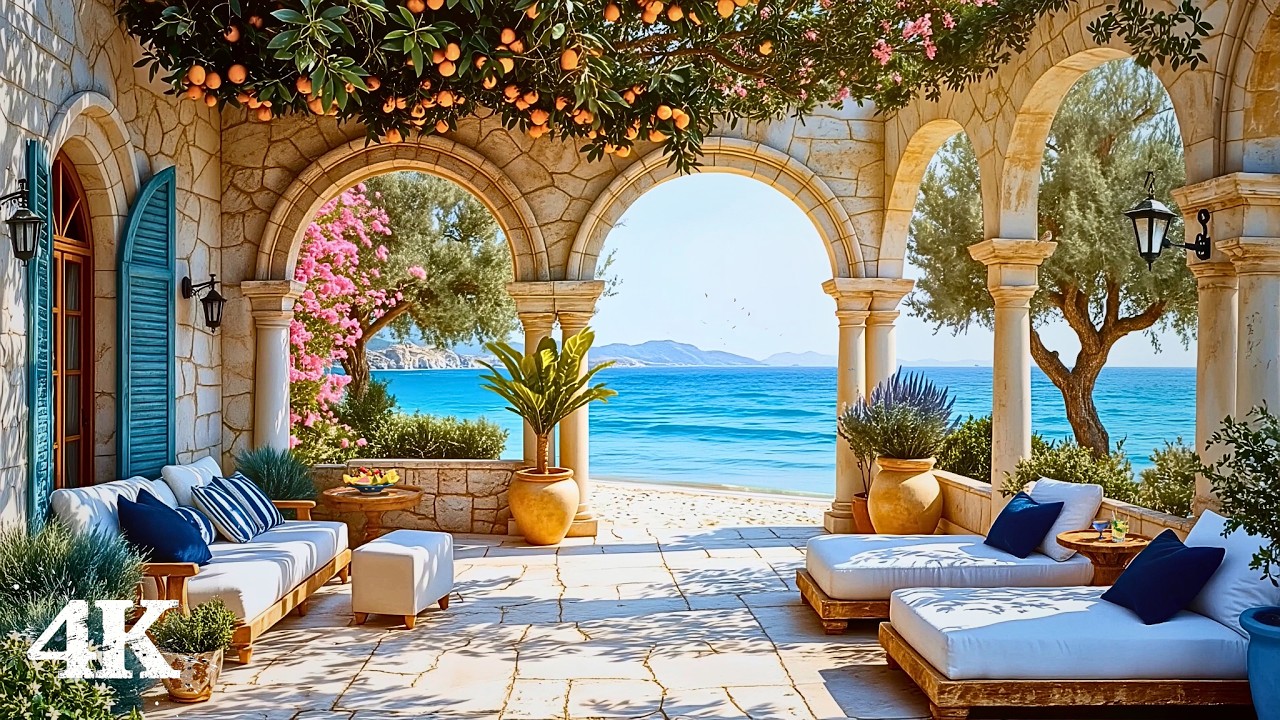 Mediterranean Garden Patio by the Sea | Soothe Every Thought with Calming Waves, Birds & Breeze