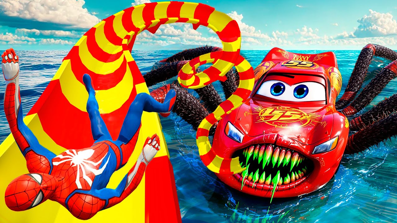 GTA 5 MCQUEEN.EXE VS SPIDERMAN | NEW WATER SLIDES | FUNNY CHALLANGE | Ragdolls #spiderman #ragdolls