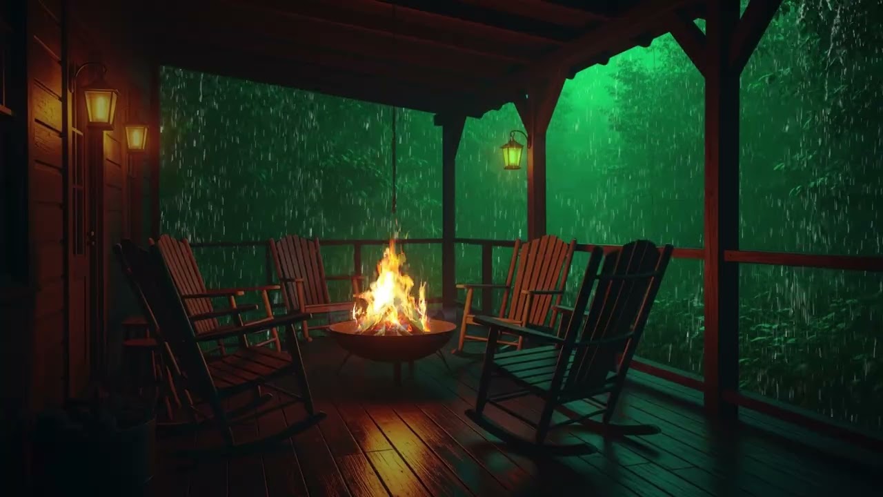 Heavy Rain and Glowing Fireplace for Deep Cozy Relaxation