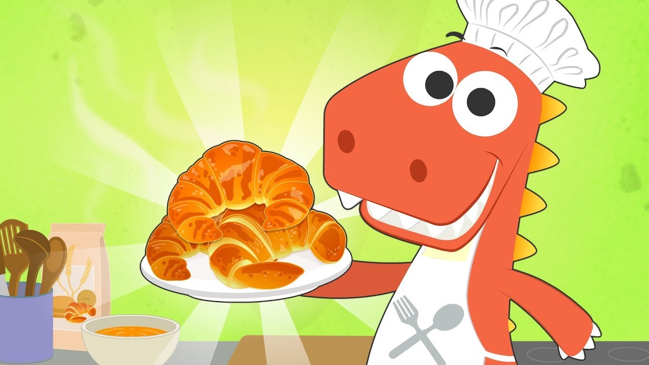Learn with Eddie: How to make croissant with chocolate 🥐🥐 Eddie the dinosaur makes breakfast