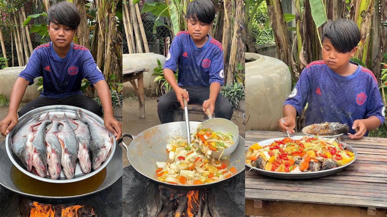 Cook and Eat: Yummy fry fish with stir-fry vegetable | Village food cooking