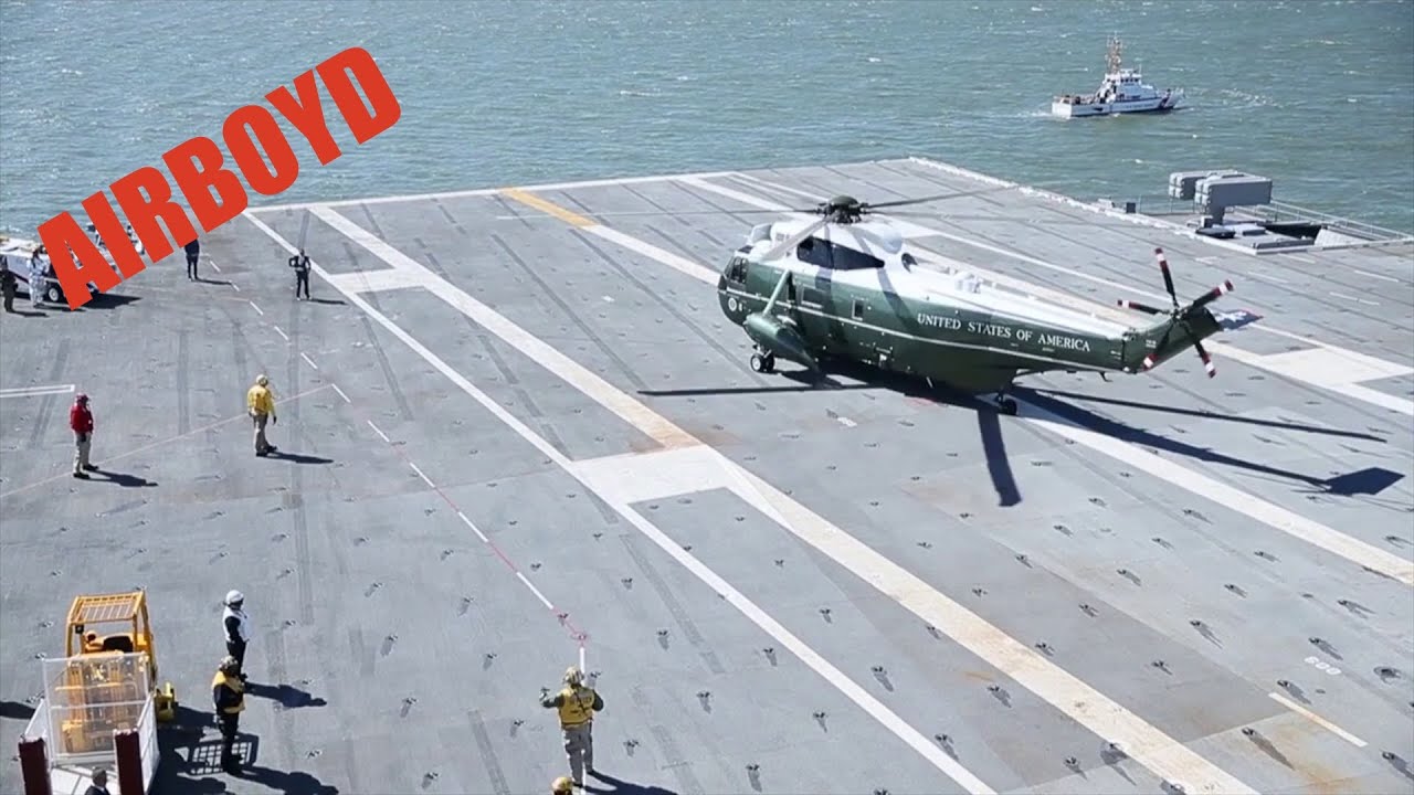 Marine One And HMX-1 Ospreys Land On Gerald R. Ford (CVN-78)