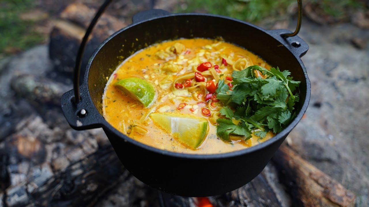 Cooking Thai Noodle Soup (Khao Soi) Over a Campfire | ASMR Outdoor