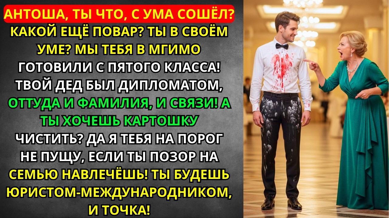 ТЫ ПОЗОР СЕМЬИ! Какой ещё ПОВАР? Мы готовили тебя в МГИМО! Ты будешь ЮРИСТОМ, иначе выгоню ВОН!
