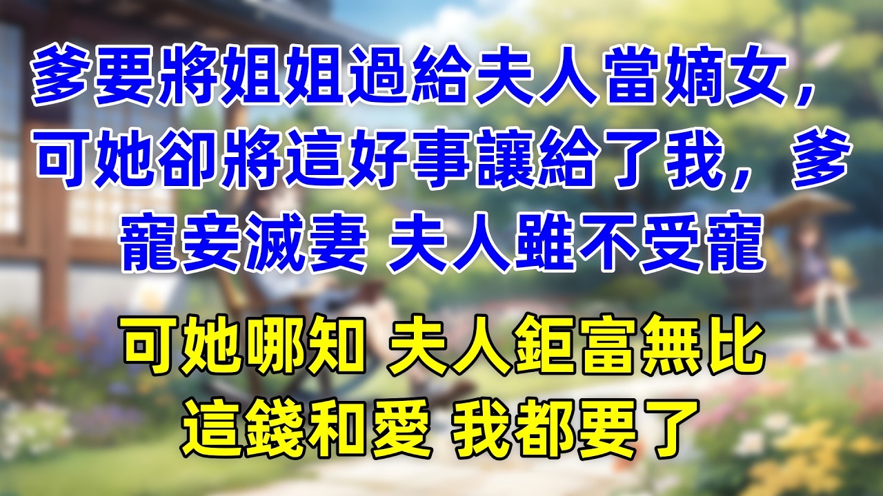 爹要將姐姐過給夫人當嫡女，可她卻將這好事讓給了我，爹寵妾滅妻 夫人雖不受寵，可她哪知 夫人鉅富無比，這錢和愛 我都要了。