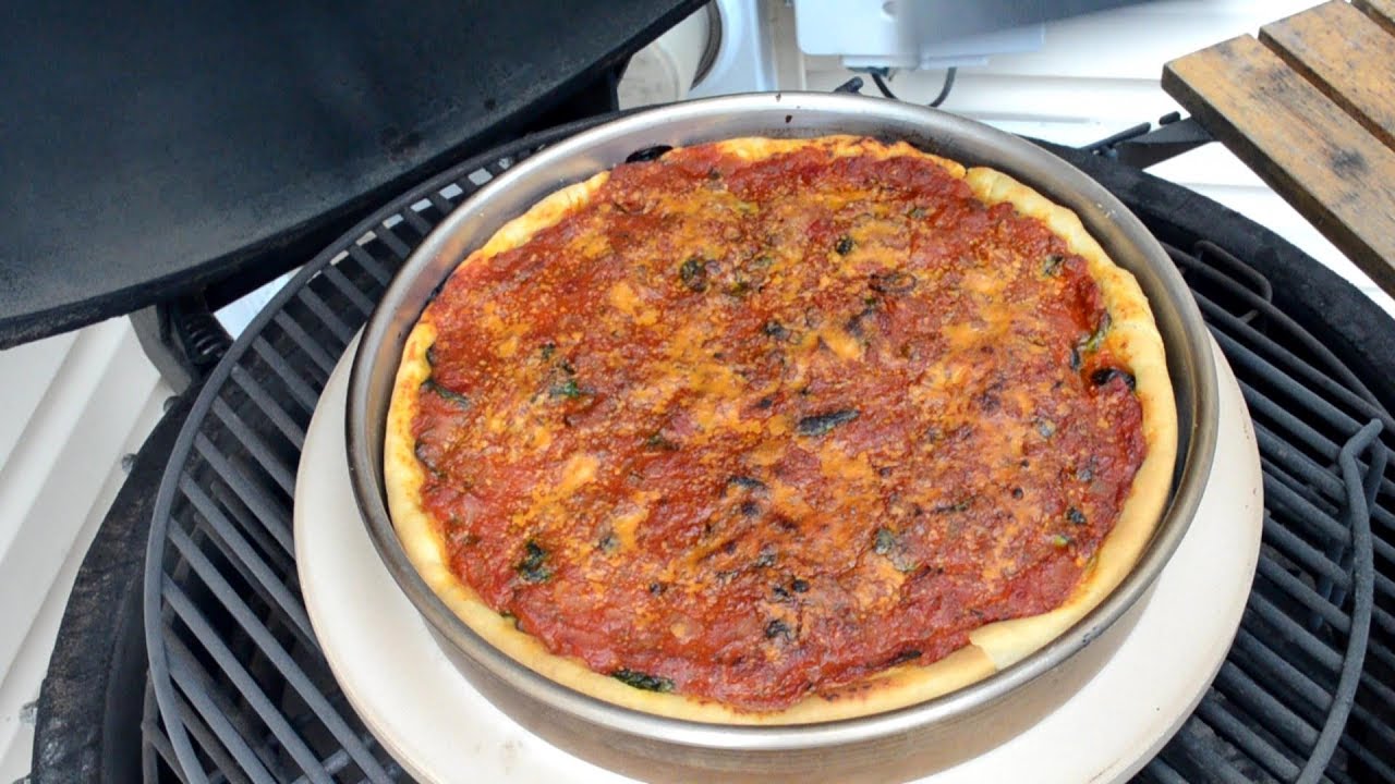 Kamado Deep Dish Pizza: Spinach, Garlic, & Black Olive
