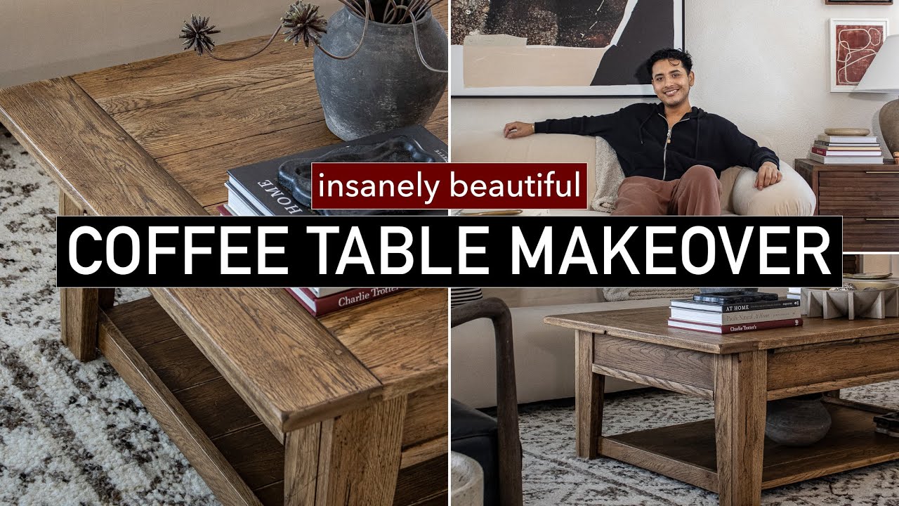 DIY Rustic Wood Coffee Table Makeover + New Living Room Decor (Sesann Modern Sofa, Snoopy Lamp)