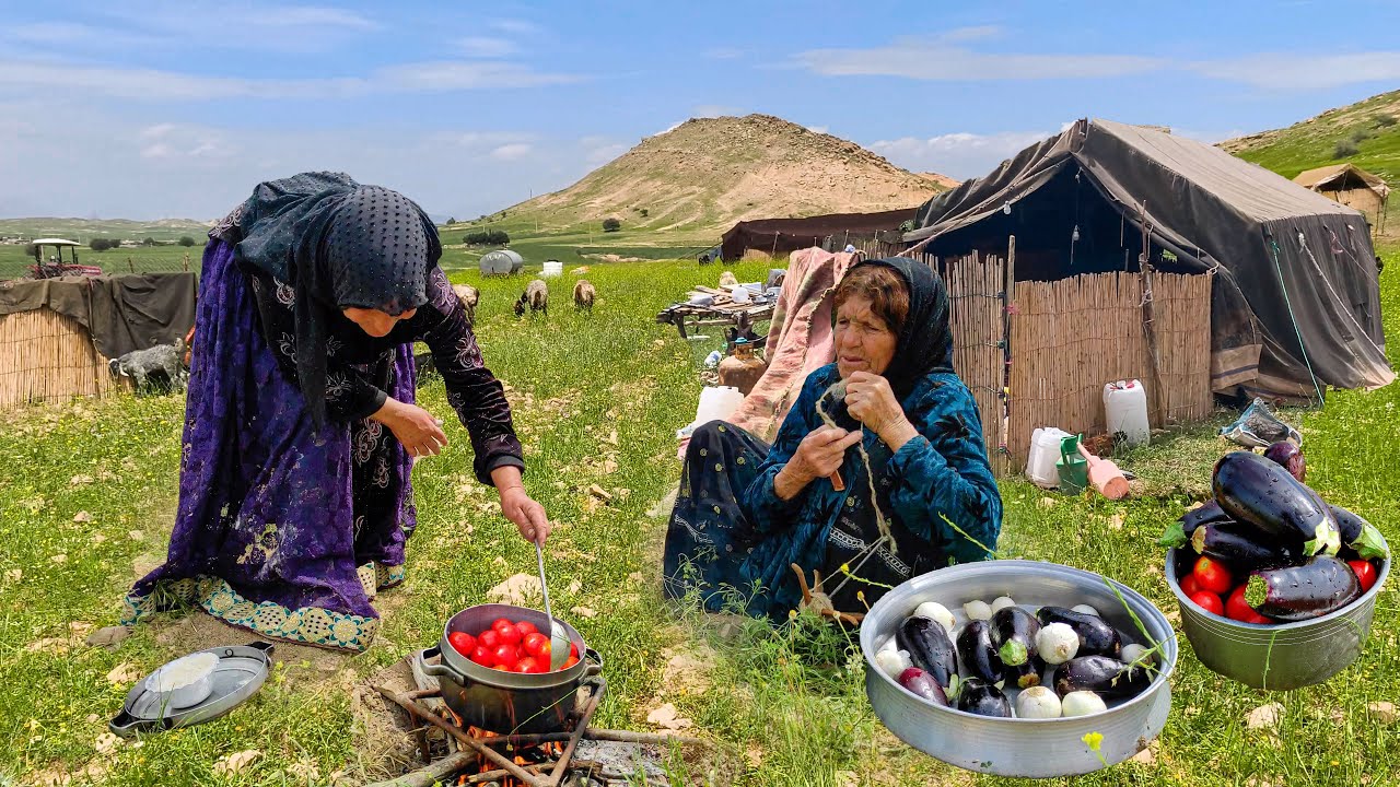 IRAN Village Cooking: Relaxation video of a nomadic woman making Eggplant tomato dish/گوجه بادمجان