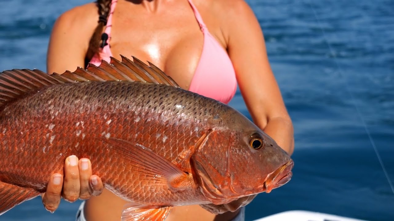 Luiza catches a Cubera Snapper in Costa Rica.