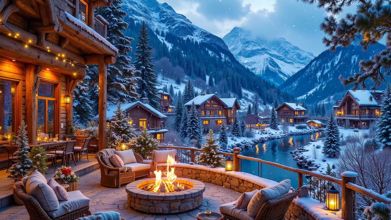 Relaxing Winter Ambience at Cozy Fireside Porch ❄🔥 Soothing Piano Music Background for Relaxation