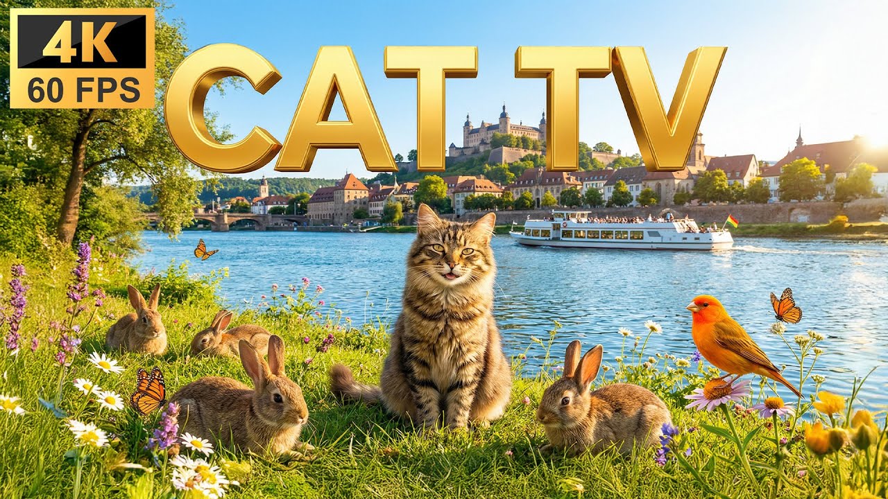 Cat TV 8 Hours - Sunny European River: Relaxing Bunnies, Orange Finch & Sparrows