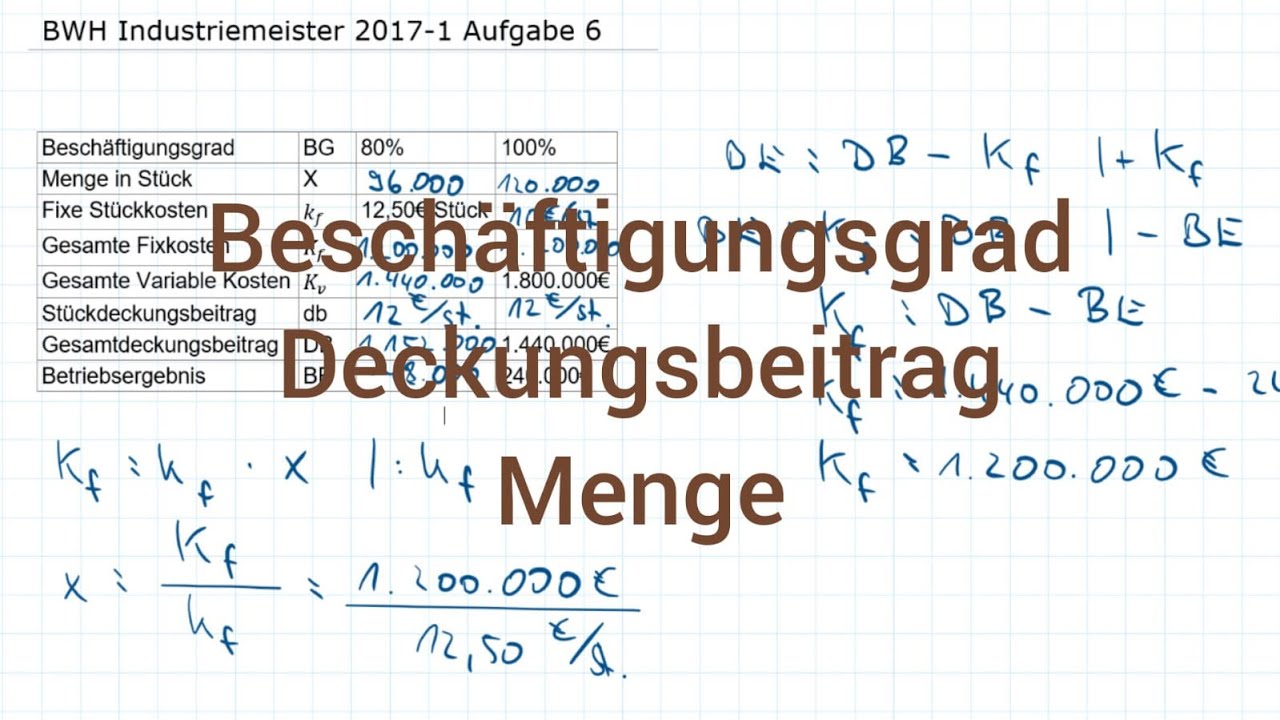 BWH Industriemeister Metall 2017-1 Frühjahr Aufgabe 6 - Beschäftigungsgrad, Deckungsbeitrag, Menge