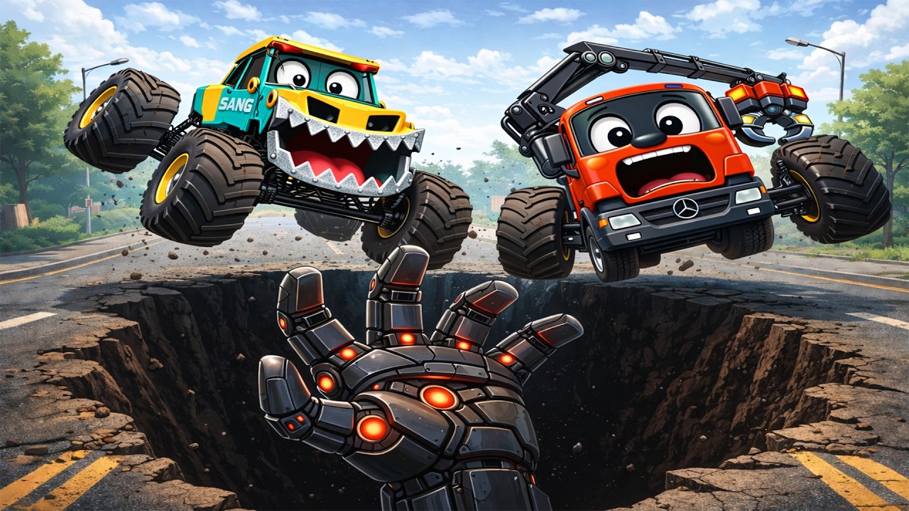 Monster Truck vs Robot Hand 🚛🤖 The Huge Pit Jump Challenge – Who Wins?🔥 | Funny Vehicles Animation