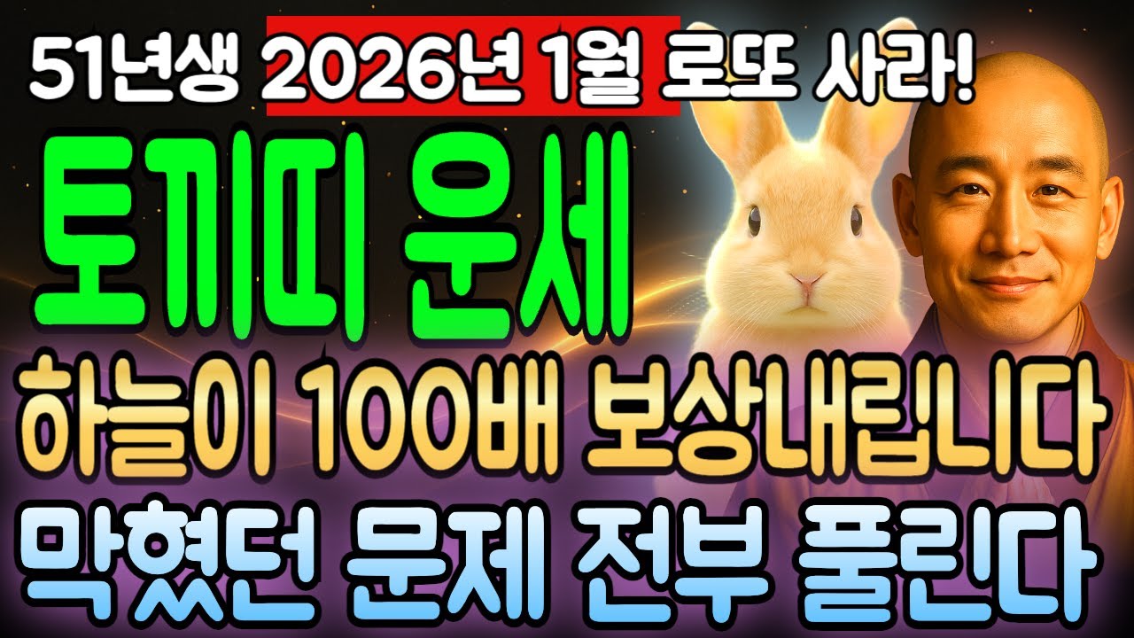 토끼띠 운세 1951년 신묘년생 75세 2026년 병오년 1월, 재산 불어나고 금전 쌓이며 복터짐으로 하늘이 도와주는 억만금 모으는 황금기 왔습니다!