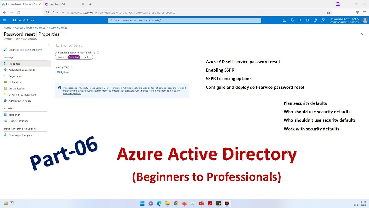 Part-06-Azure AD (Beginners to Professionals), Configure SSPR, enable AzureAD/M365 Security Defaults