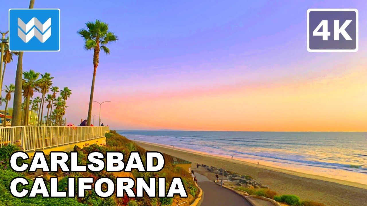 [4K] Sunset at Carlsbad Beach in San Diego County, California USA - Walking Tour & Travel Guide 🎧