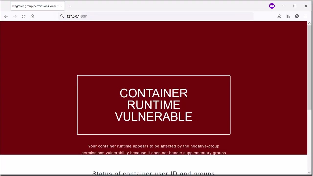 Checking a runtime for the Linux container negative group permissions vulnerability