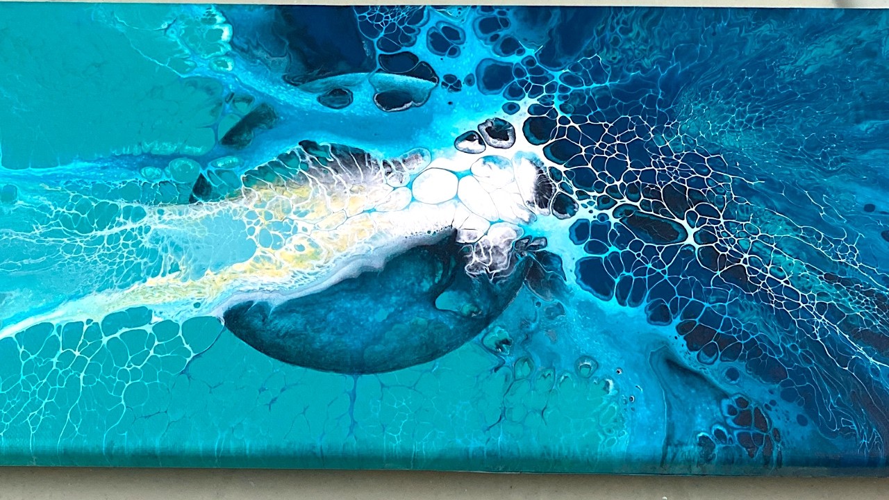 Stunning Blue Acrylic Pouring with Hand-Painted Sphere, Featuring Pearl Cells and Elegant Lacing.