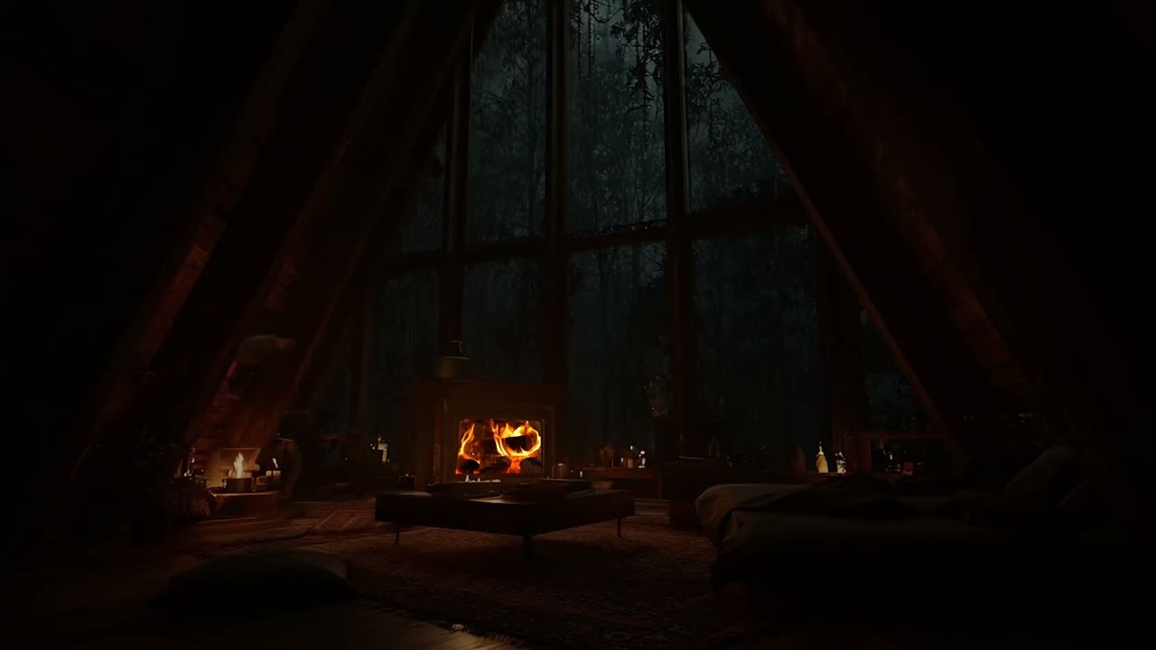 Rainy Night Sleep  Rain and Fireplace Harmony for Nighttime Relaxation   Rainy Night Retreat