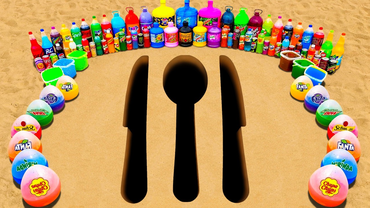 EXPERIMENT: 2 Knife vs Spoon pit Eruption from Orbeez, Pepsi, Mtn Dew, Fanta, Coca Cola and Mentos