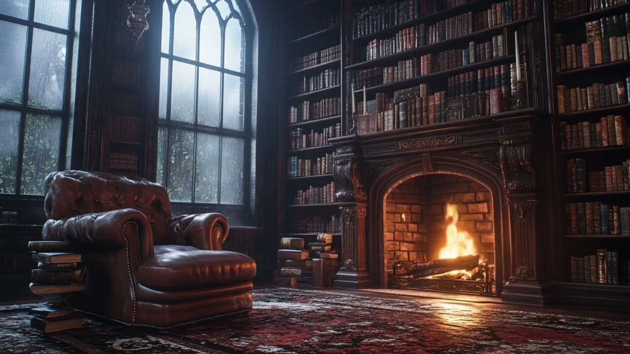 Dark Academia Library with Fireplace 🔥 Rain & Crackling Fire Sounds