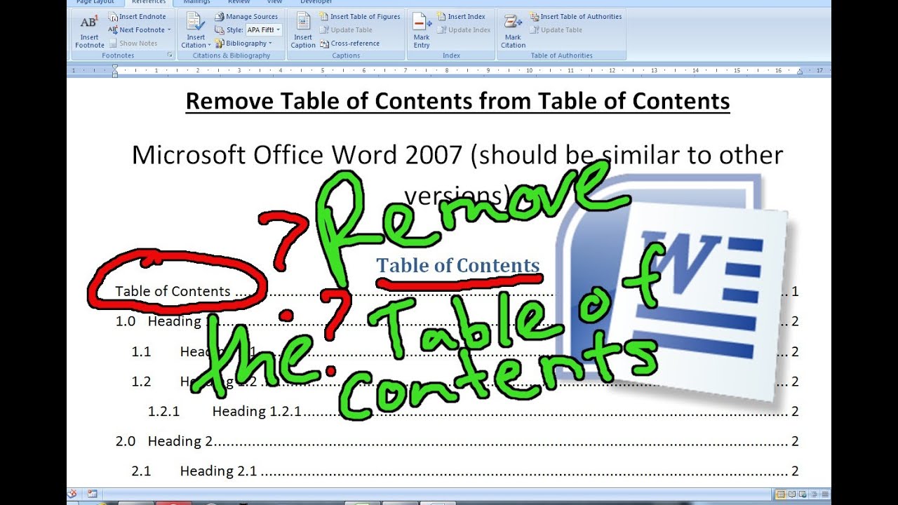 Remove the Table of Contents from the Table of Contents in Microsoft Office Word