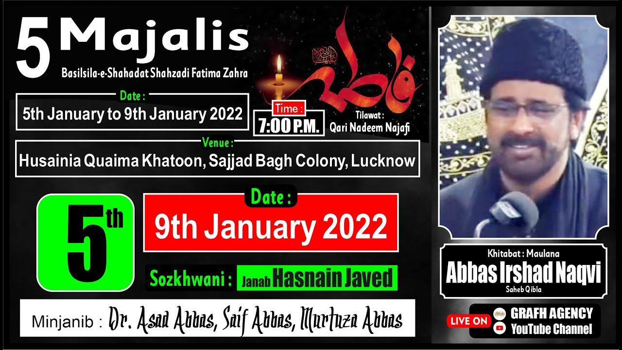 🔴 Live 5 Majalis | Maulana Abbas Irshad Naqvi | Shahadat Fatima Zahra s.a. | Husainia Quaima Khatoon