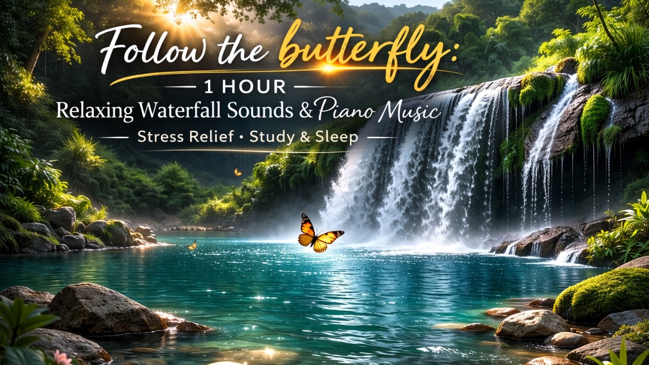 Follow the butterfly: 1 Hour Relaxing Waterfall Sounds & Piano Music | Stress Relief, Study & Sleep