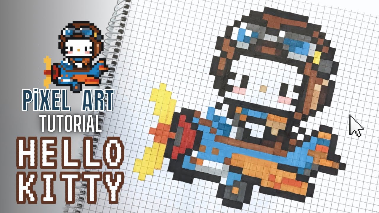 Pixel Art: Drawing HELLO KITTY Flying jet Tutorial Step by Step
