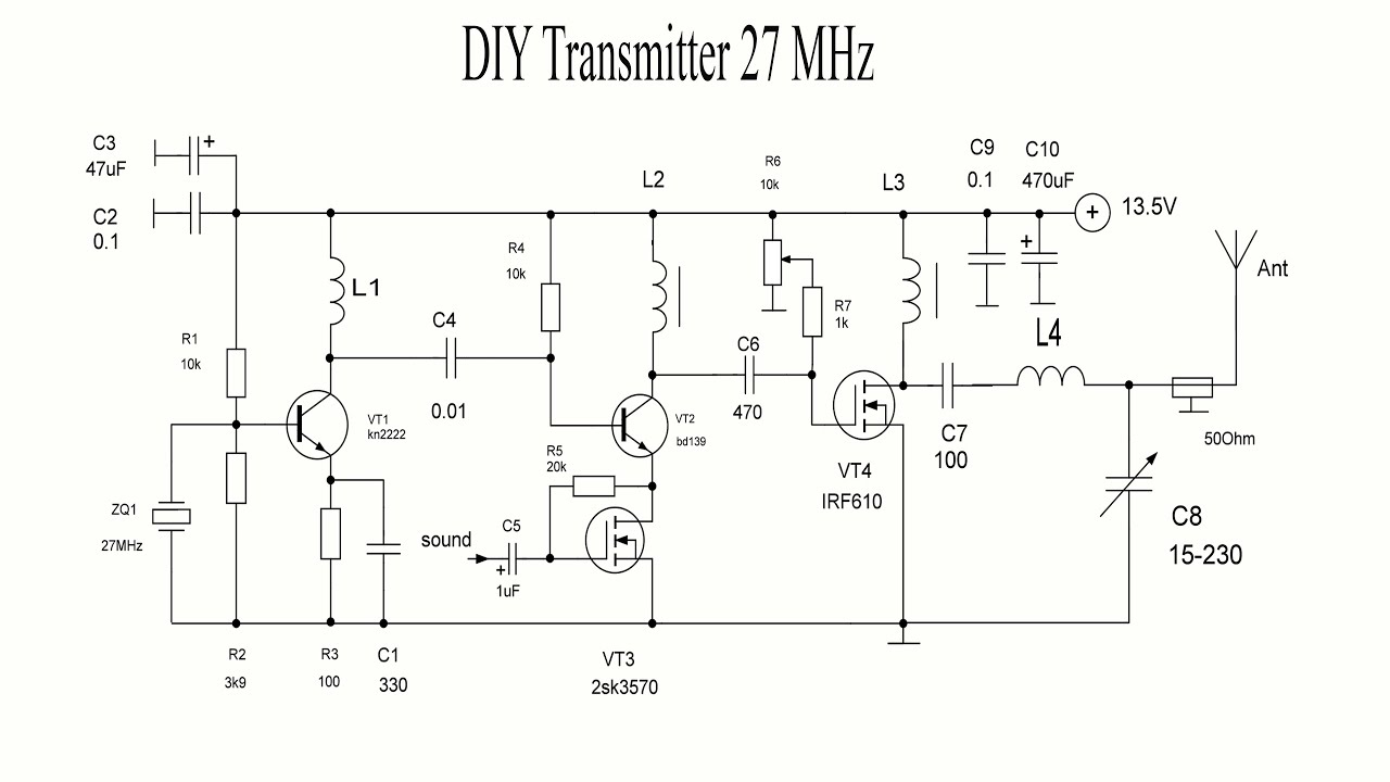 DIY AM transmitter at 27 MHz.Output power 5W.You will be heard from miles away