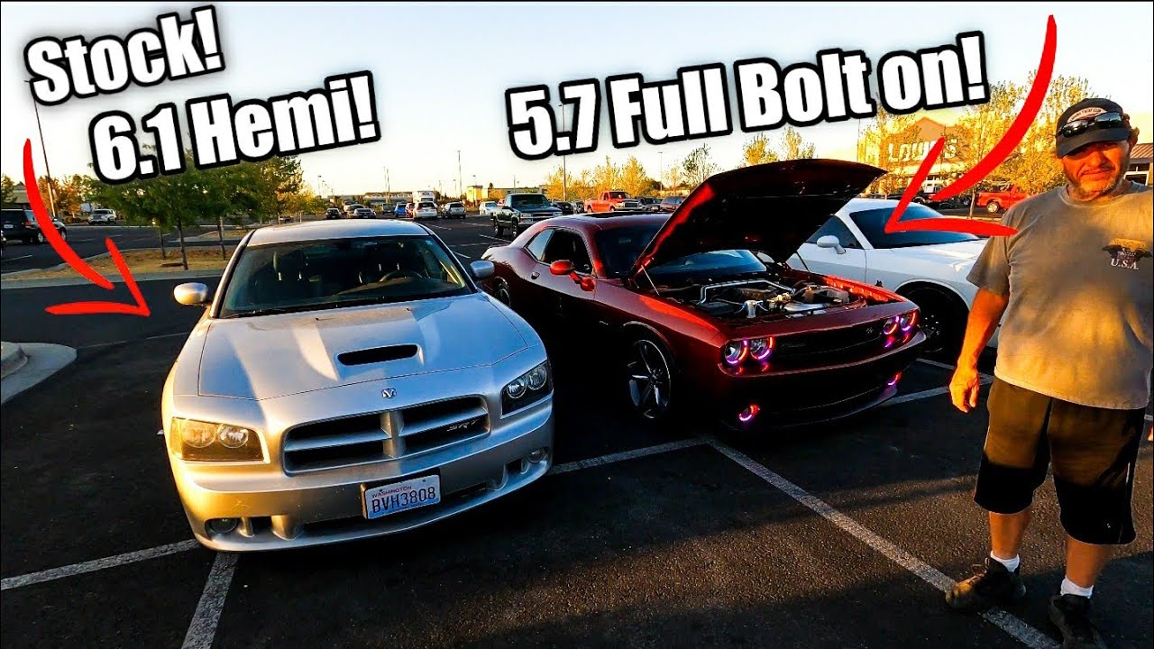 How much faster is a 6.1 Hemi Vs full bolt on and tuned 5.7 Hemi? (Challenger RT vs Charger SRT8!!!)