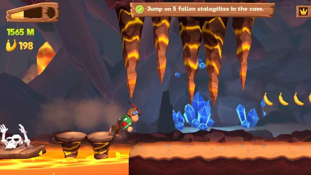Banana Kong 2 Jump on 5 fallen stalagtites in the cave (In One Run)