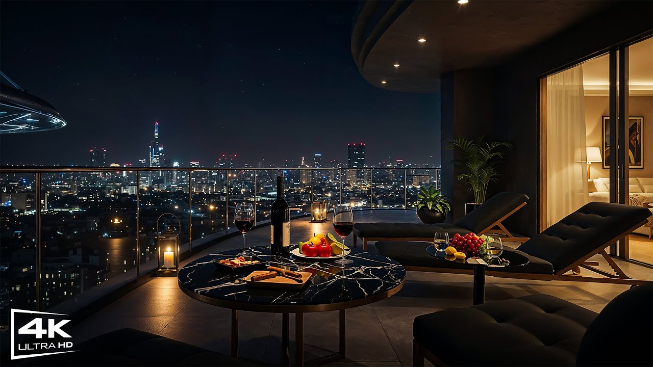 [4K] Sweetie's Balcony Jazz Lounge 🍷 Бархатные ночные мелодии для глубокой концентрации, вина и нежн