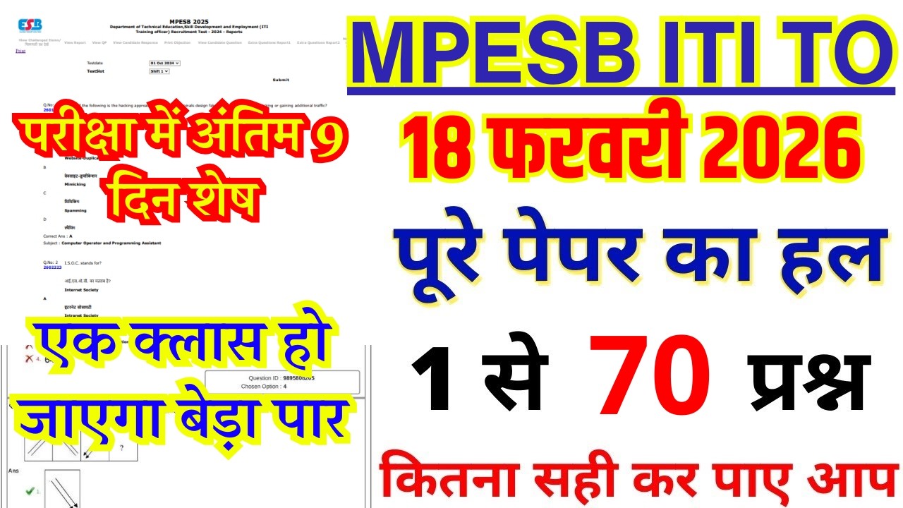 MP ITI TO Exam Analysis 2026 | 18 Feb Paper Solution (Q. 1 to 70) | MPESB ITI TO