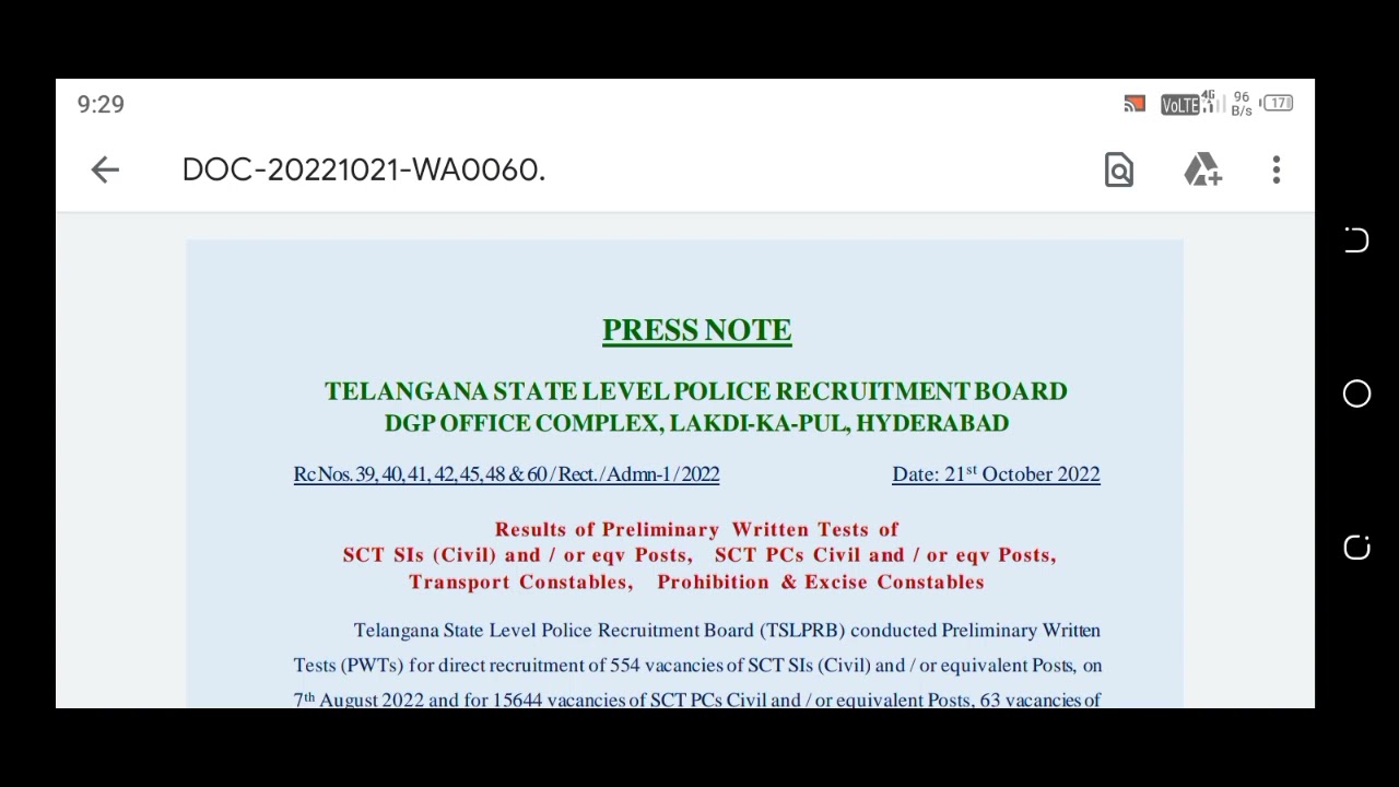 2022 SI & PC Exams Qualified Press Note release from TSLPRB