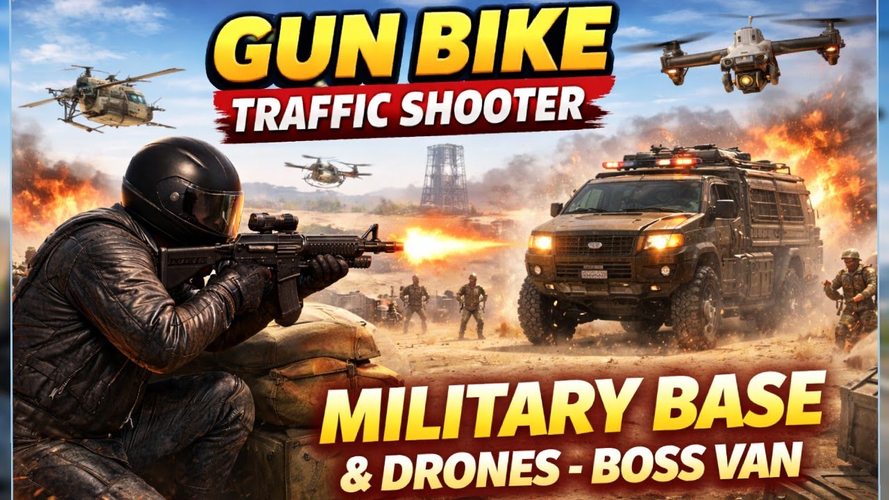 Gun Bike Traffic Shooter 🔫 | Levels 16–20 Gameplay | Military Base, Drones & Boss Van