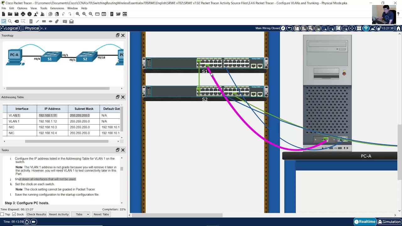 3.4.6 Packet Tracer — настройка VLAN и транкинга — физический режим