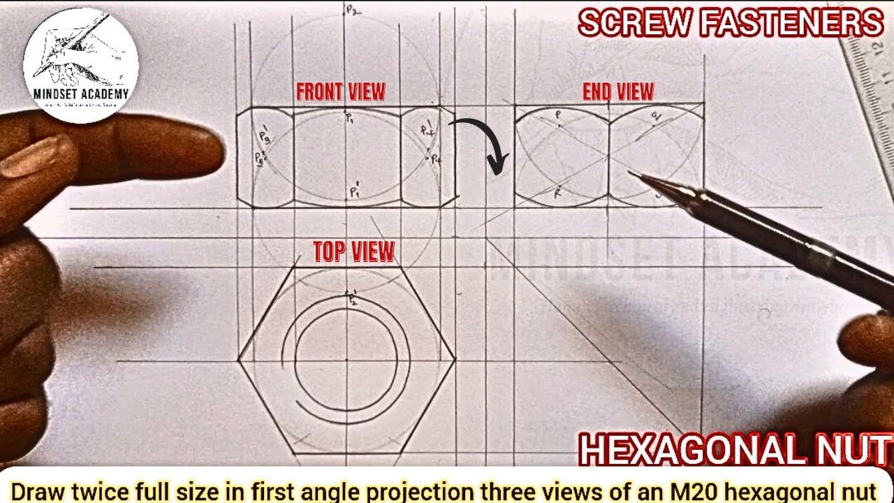 HEXAGON NUT, SCREW FASTENERS AND VIEWS FIRST AND THIRD ANGLE IN TECHNICAL AND ENGINEERING DRAWING.