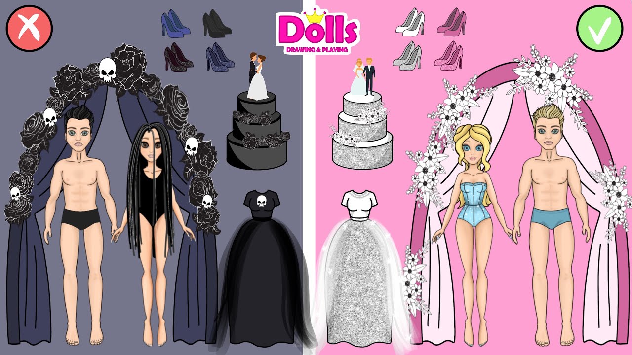 Black vs Pink wedding Paper dolls brides dress up & make up