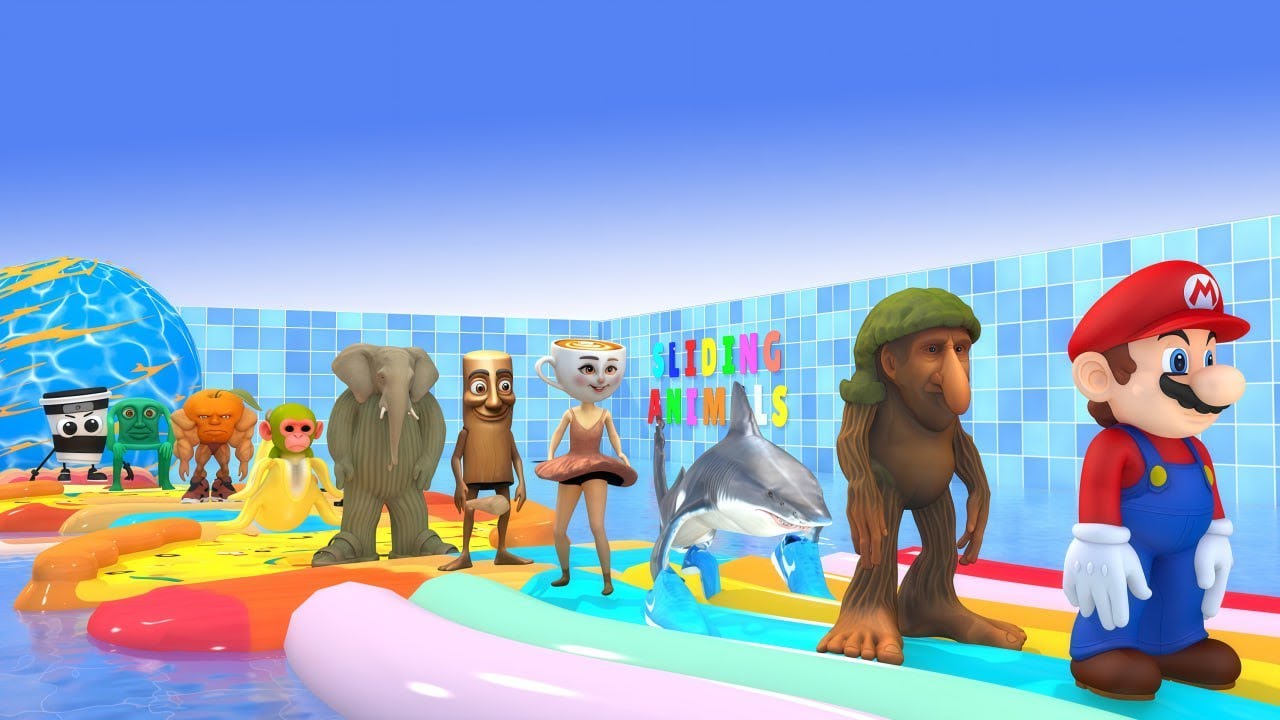 Long Slide Game With Cow Elephant Gorilla Hippopotamus Tiger - 3d Animal Game - Funny 3d Animals